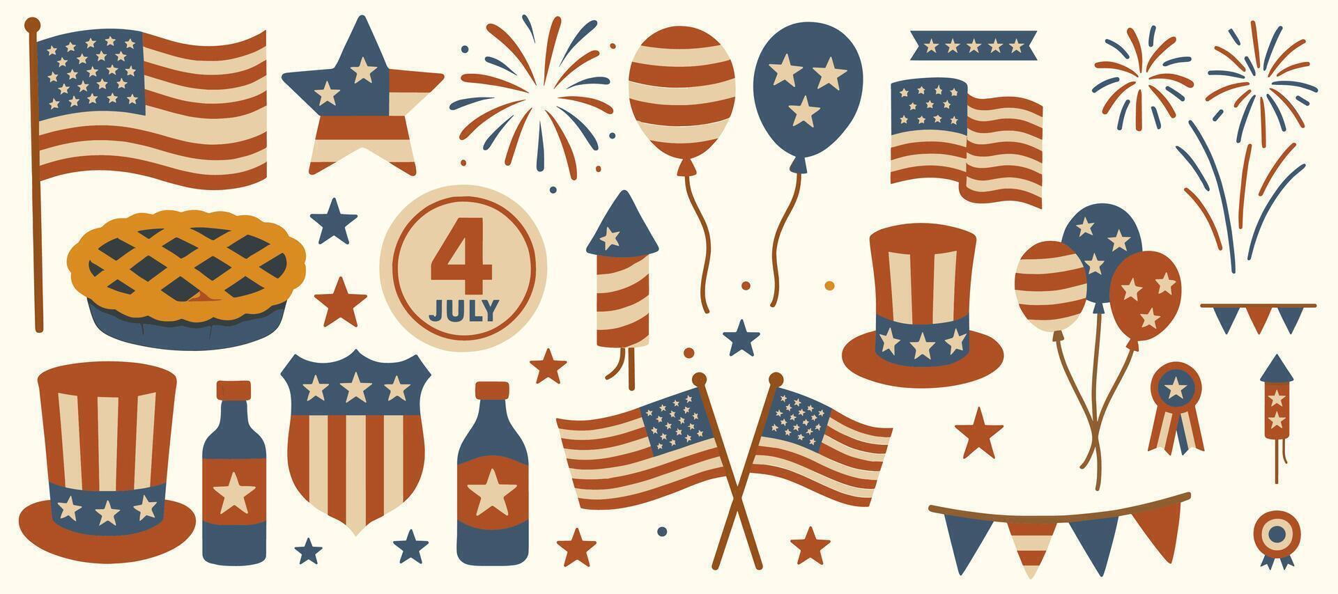 Festive celebration of independence day illustrations with patriotic elements in joyful composition vector