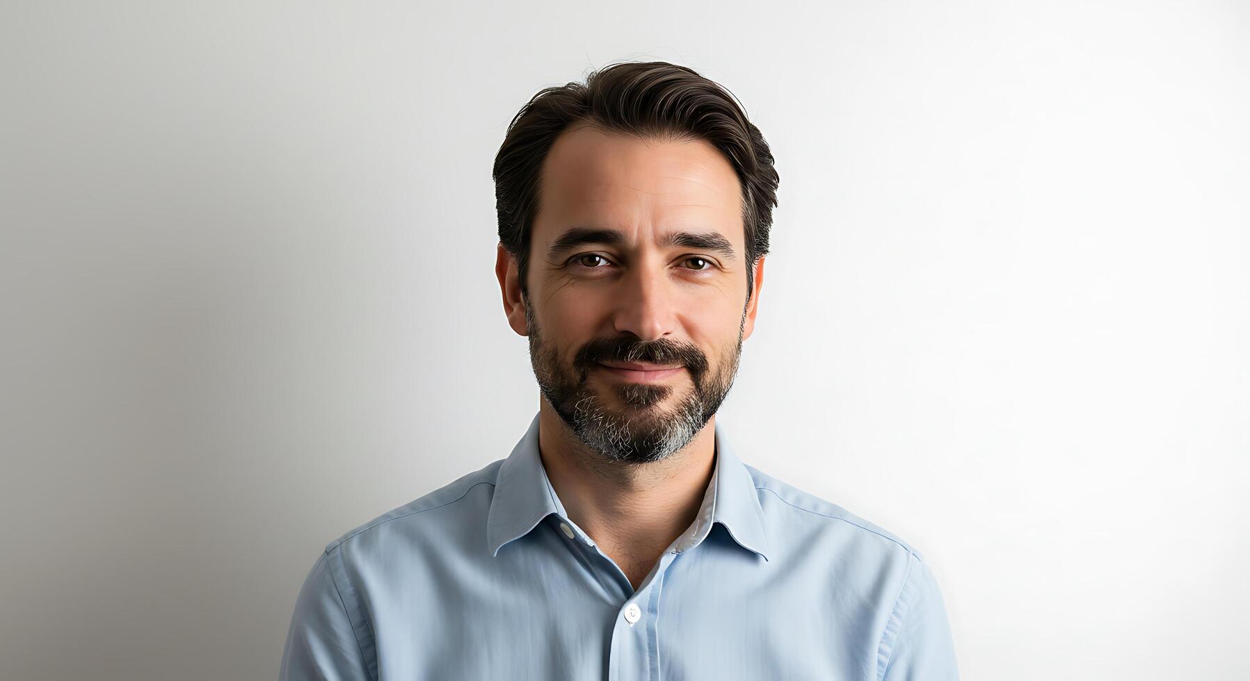 A man with a beard and a blue shirt photo