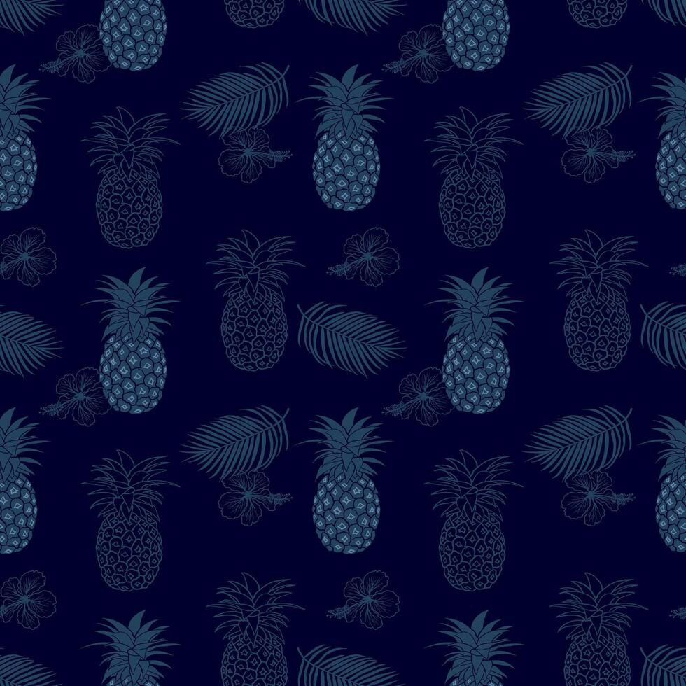 Hand drawn tropical fruits and leaves seamless pattern,outline pineapple with palm leaves and hibiscus on dark navy blue background vector