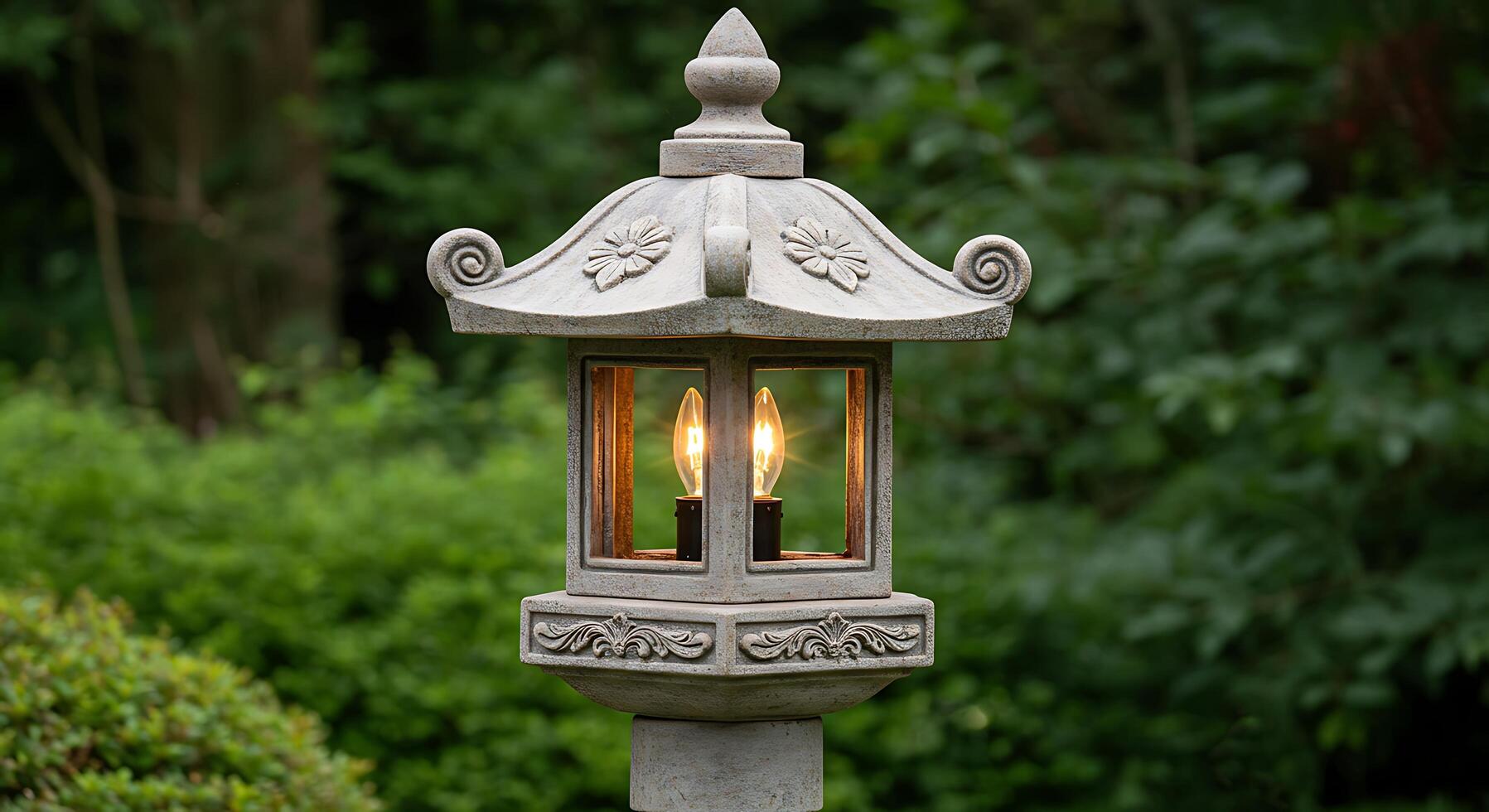 A lighted lantern on a post photo