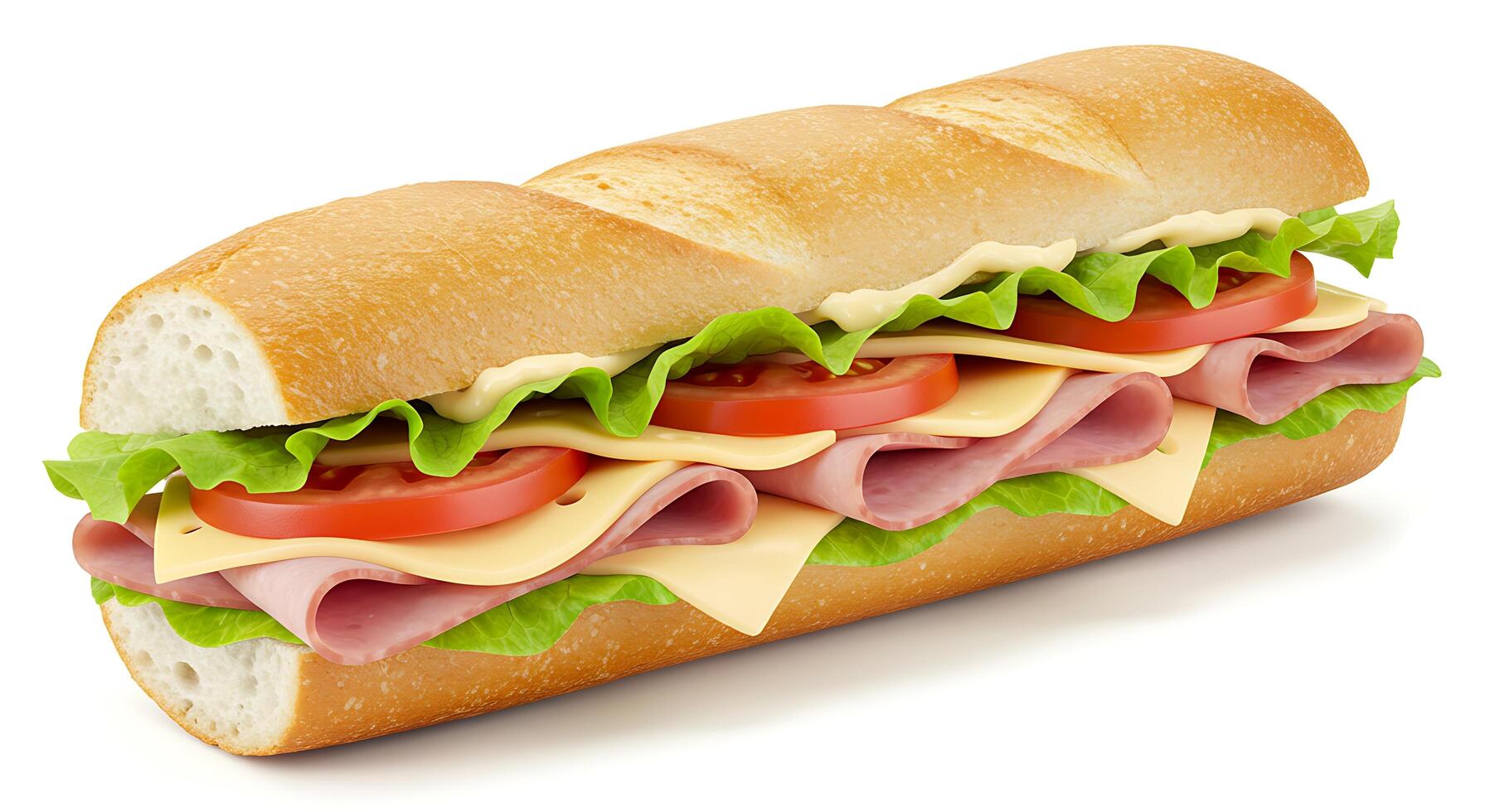 A sub sandwich with meat, cheese and lettuce photo