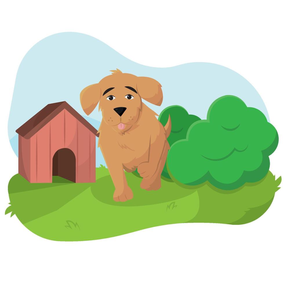Puppy walking near doghouse. vector