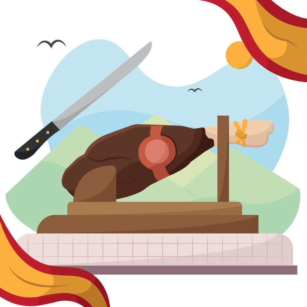 Spanish ham with slicing knife. vector
