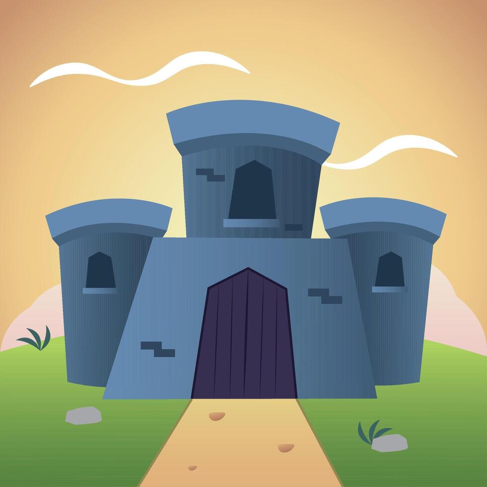 Blue castle with sunset. vector