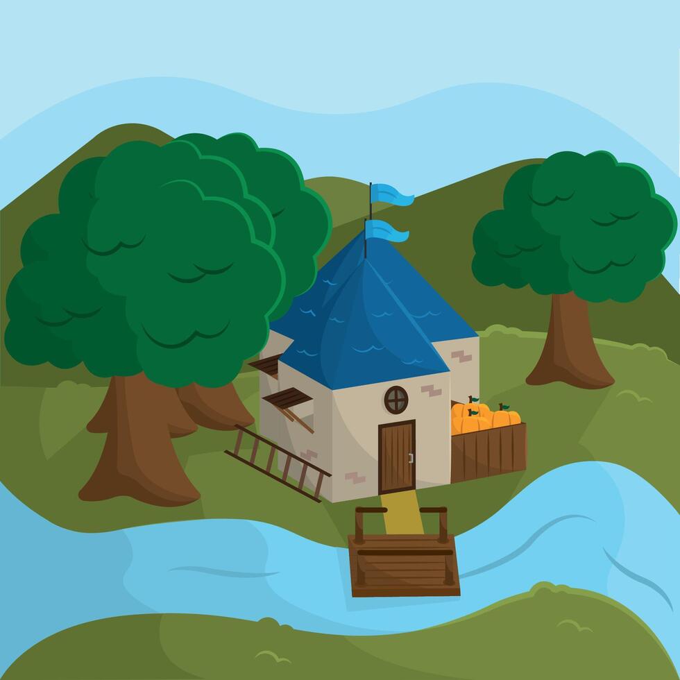 House near river with trees. vector