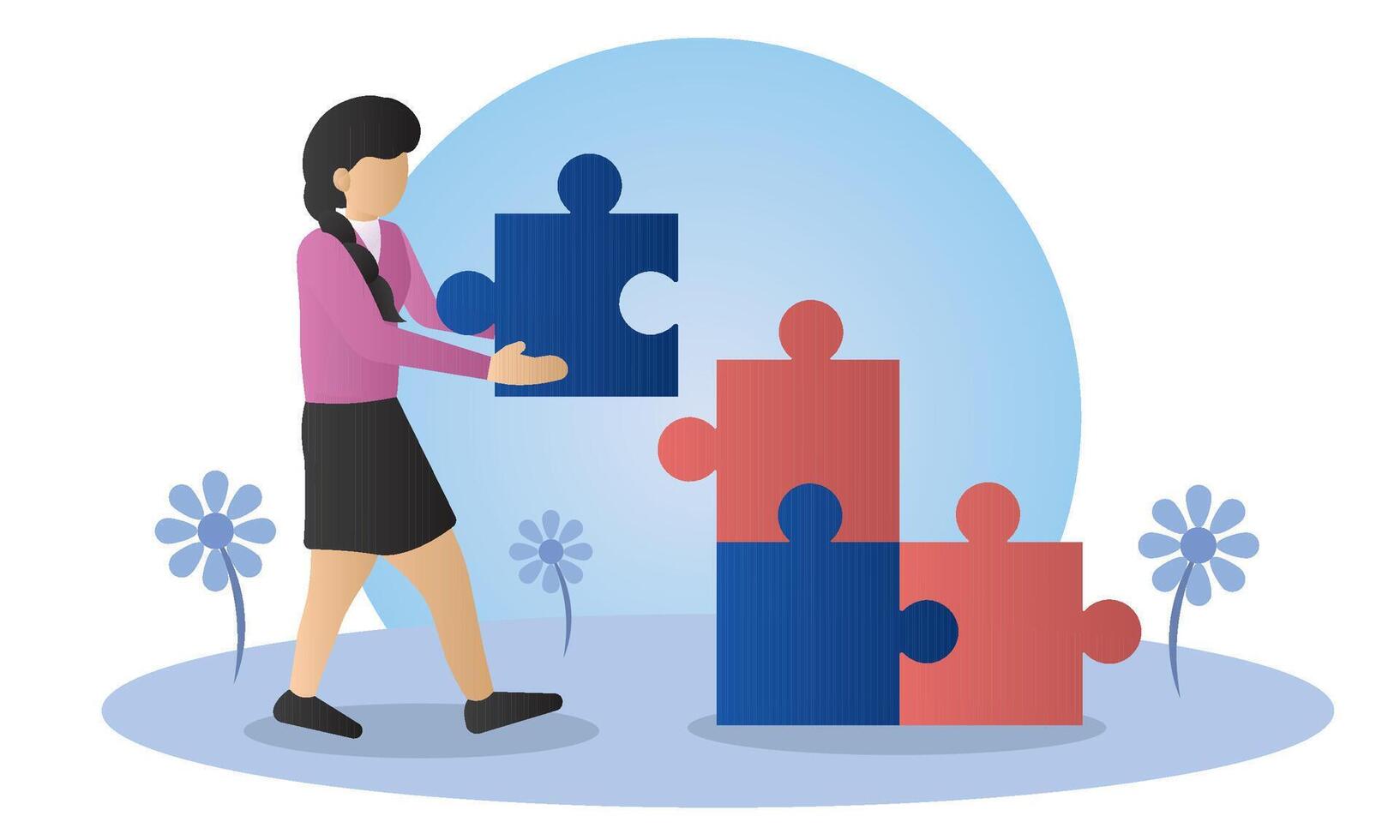 Girl fitting puzzle piece. vector