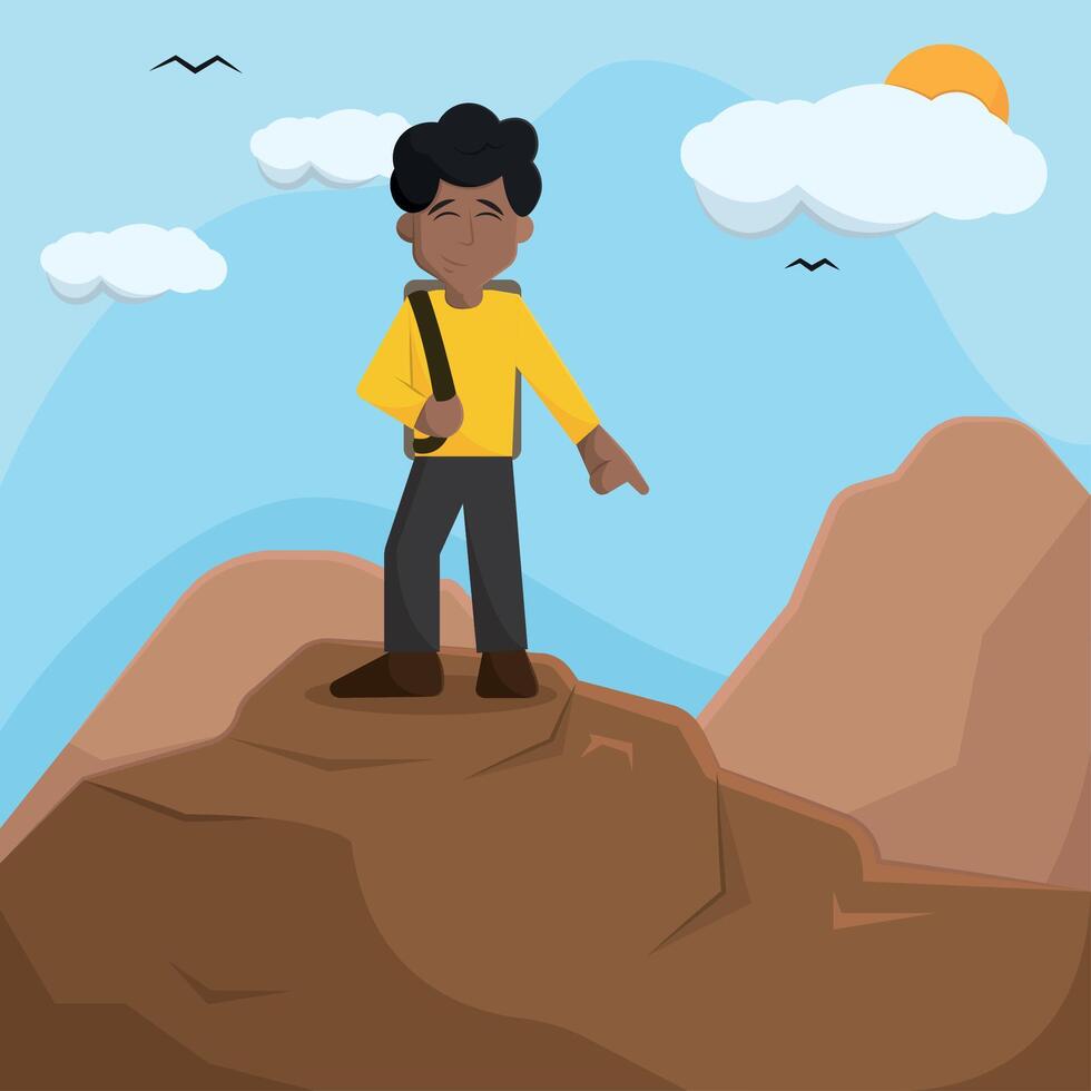 Hiker standing on rock. vector