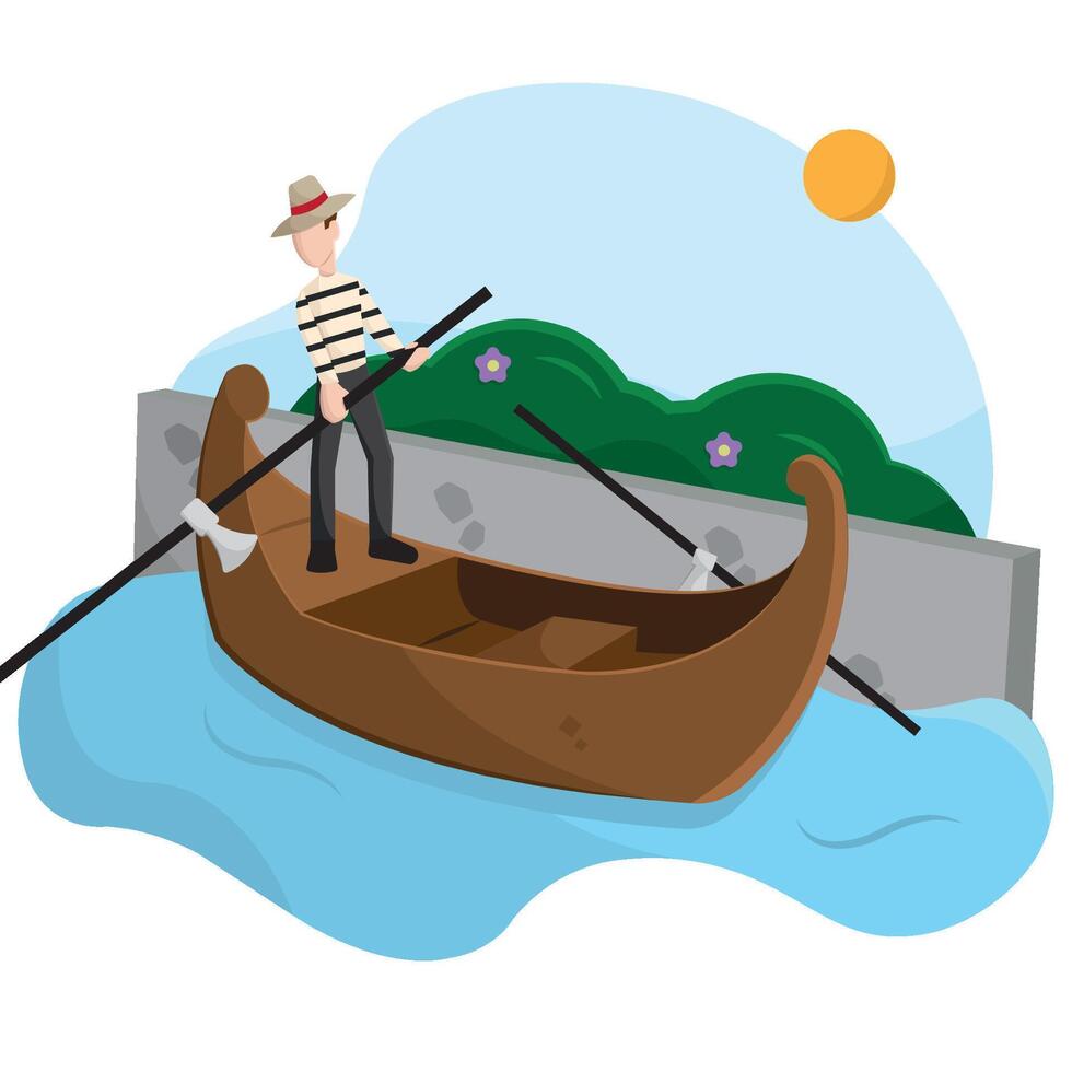 Gondolier rowing traditional boat. vector