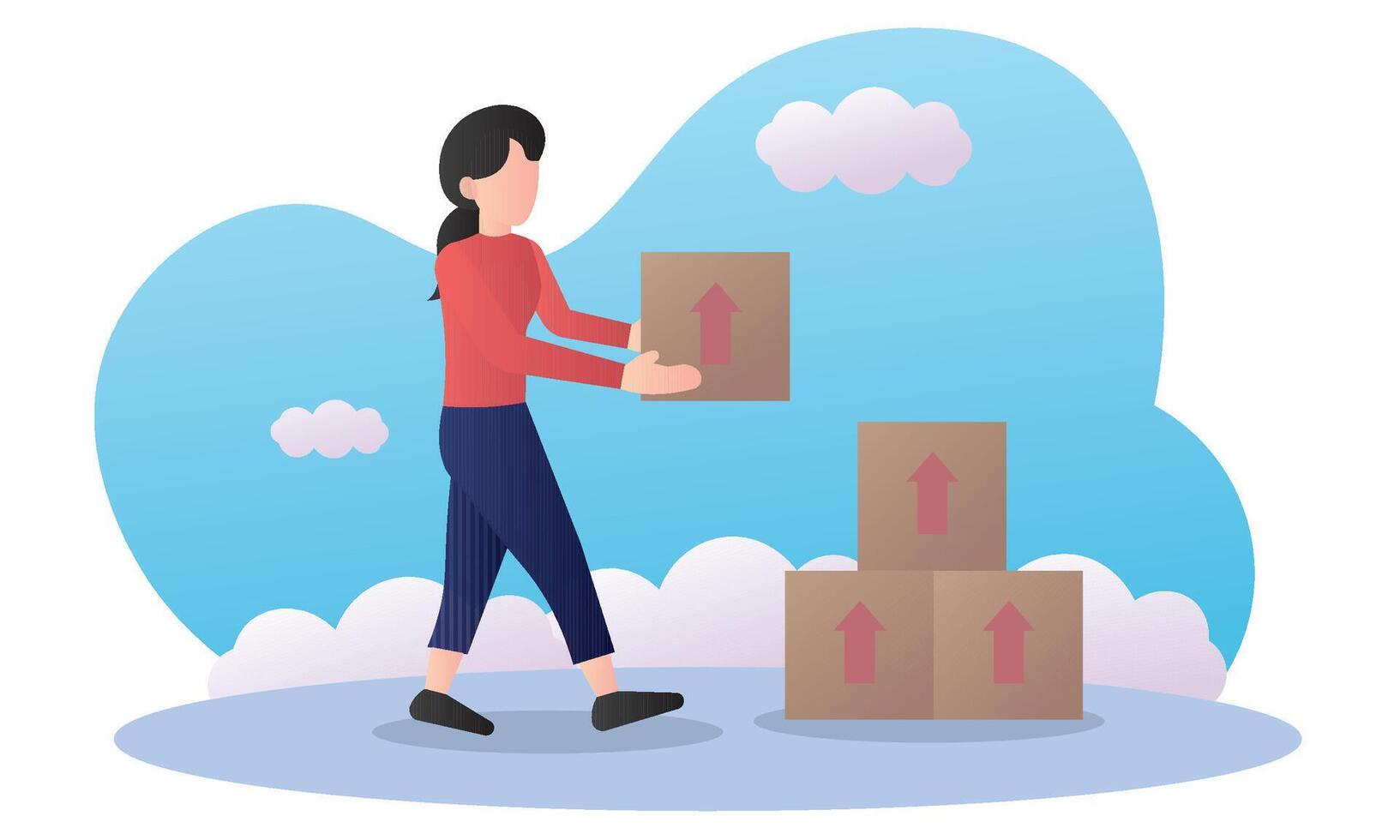 Woman lifting cardboard box. vector
