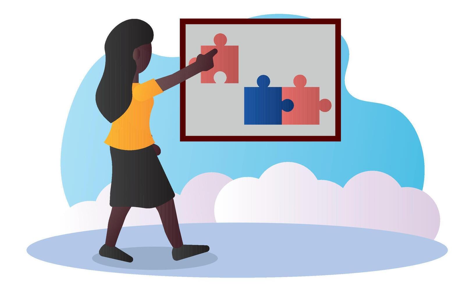 Girl pointing puzzle board. vector