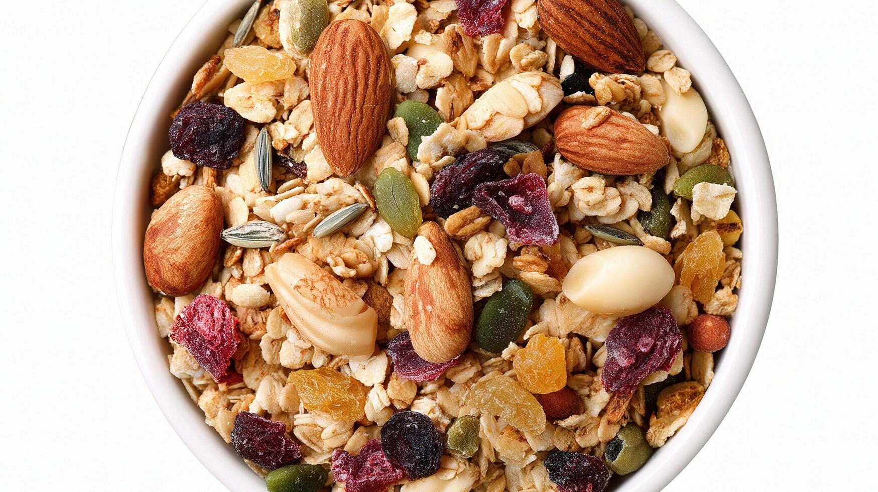 A bowl of granola with nuts and dried fruits photo