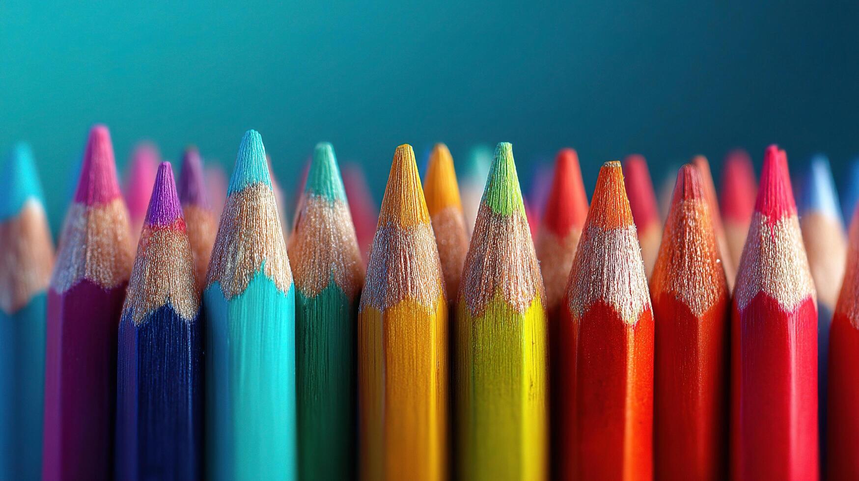Many colored pencils are lined up in a row photo