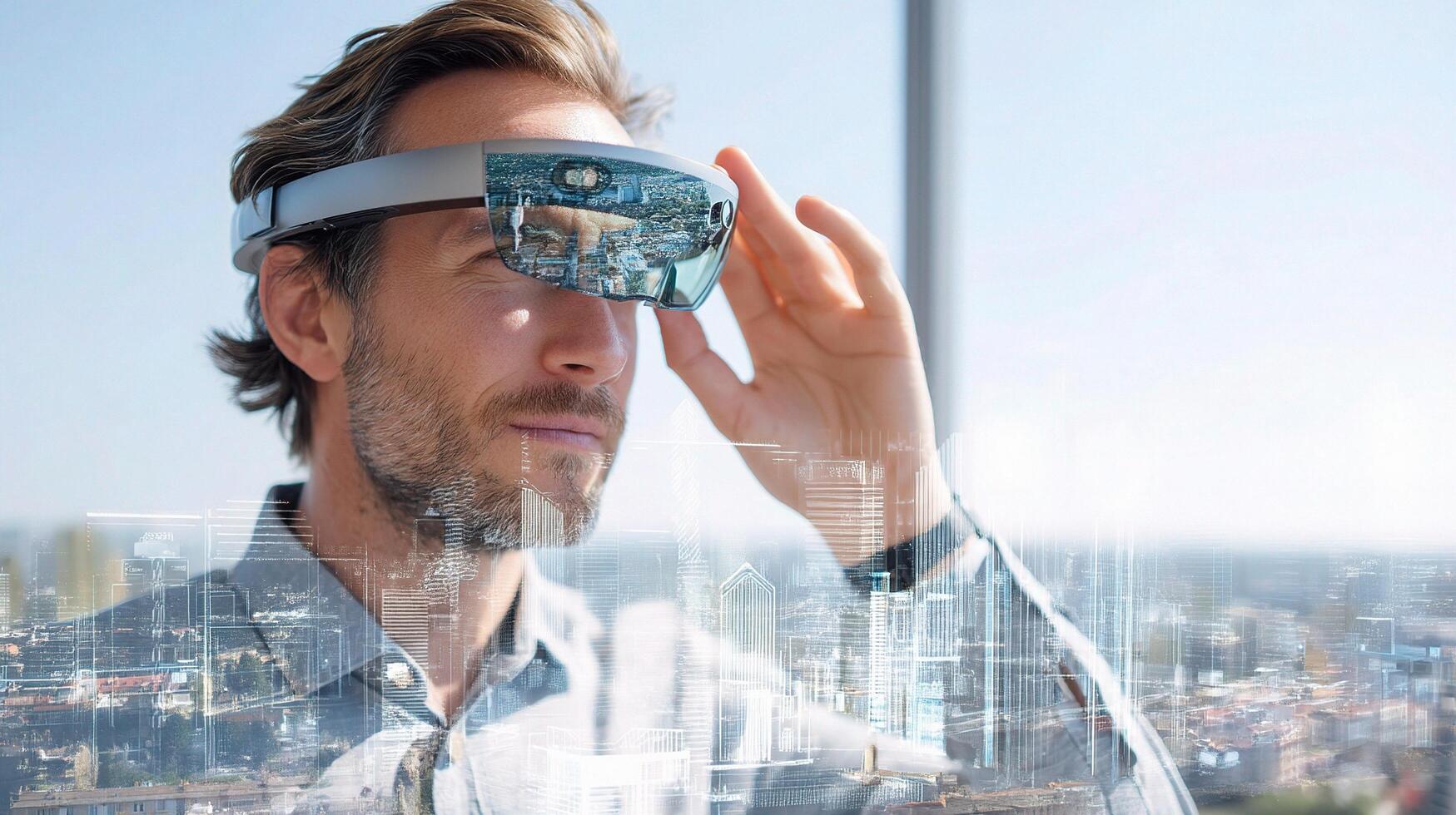 A man wearing a google glass looking at a city photo