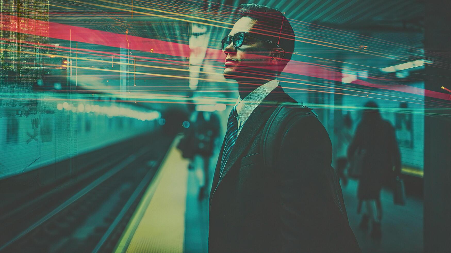 A man in a suit and tie standing in front of a train photo