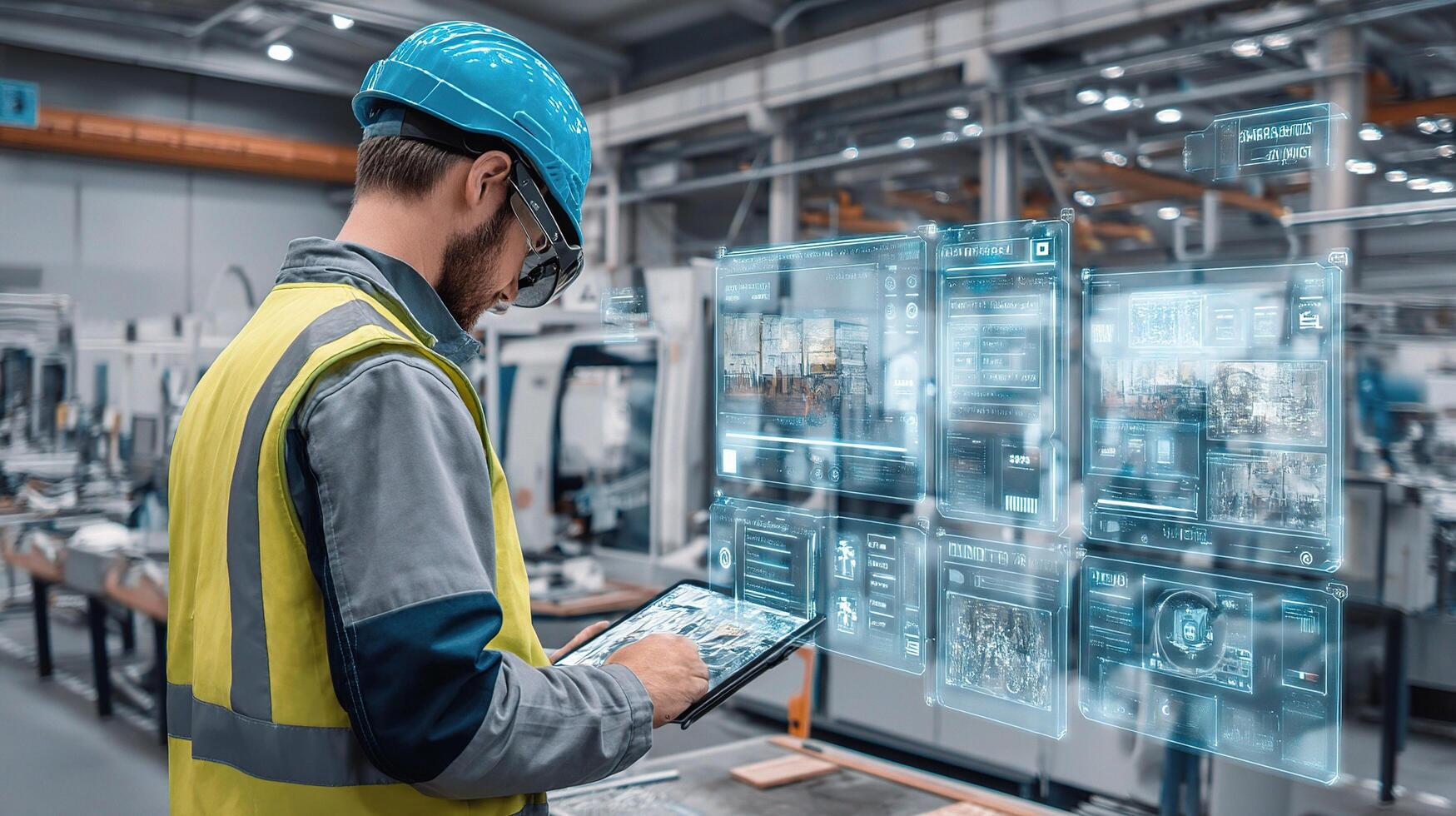 A man in a hard hat and safety vest is using a tablet photo