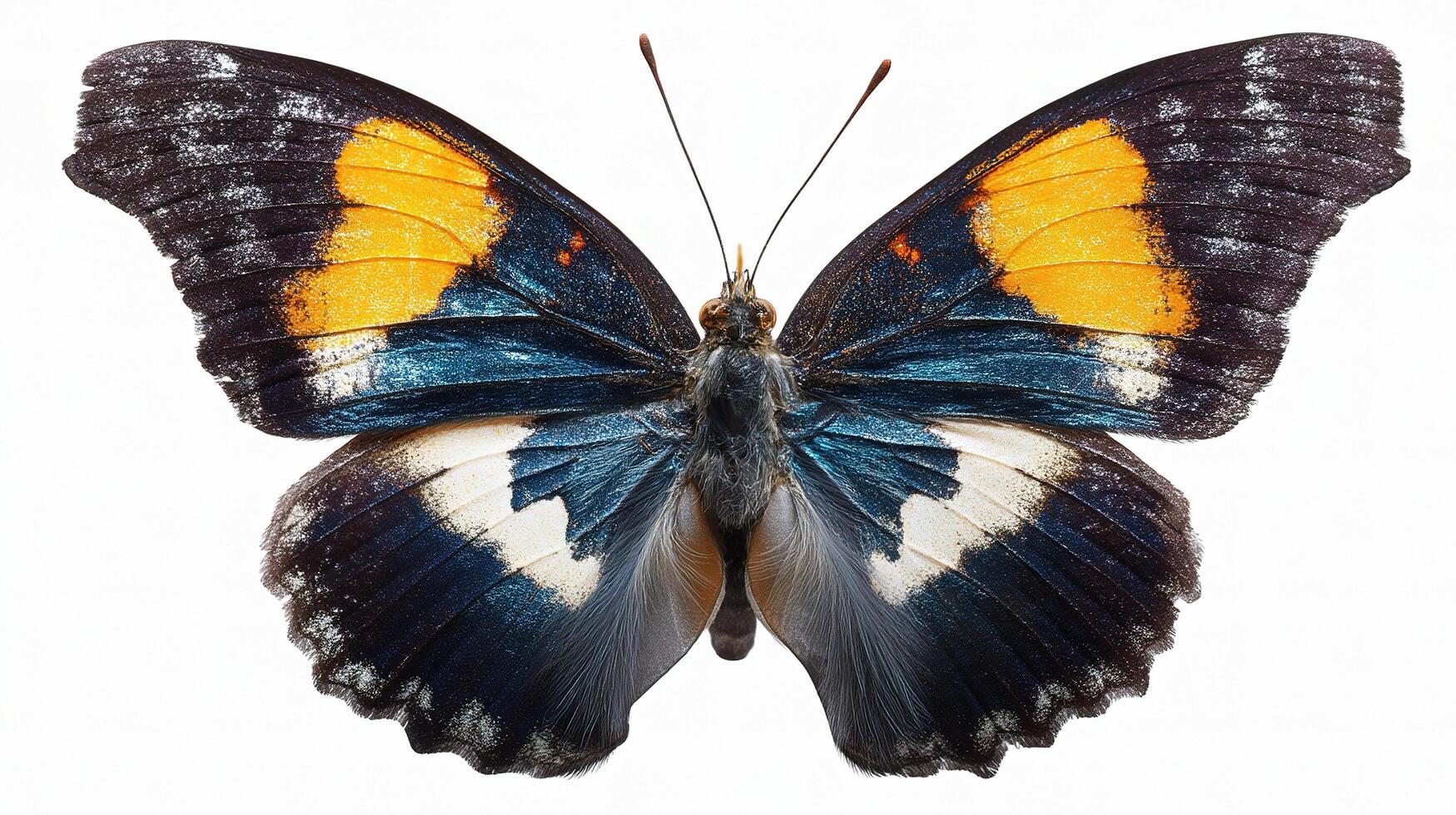 A butterfly with black, yellow and white markings photo