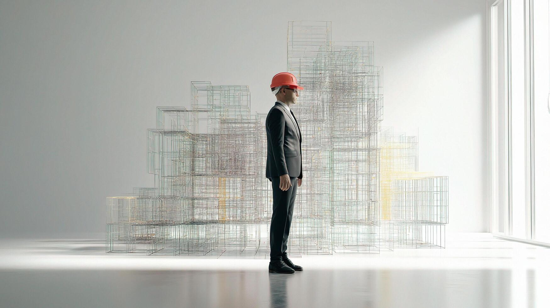 A man in a suit and hard hat standing in front of a building photo
