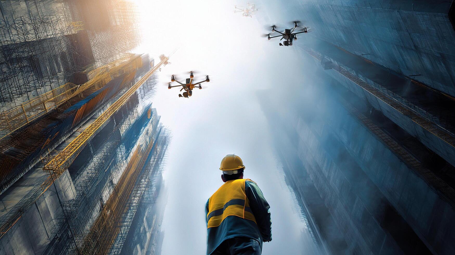 A man in a yellow hard hat stands in front of a building with drones flying above him photo