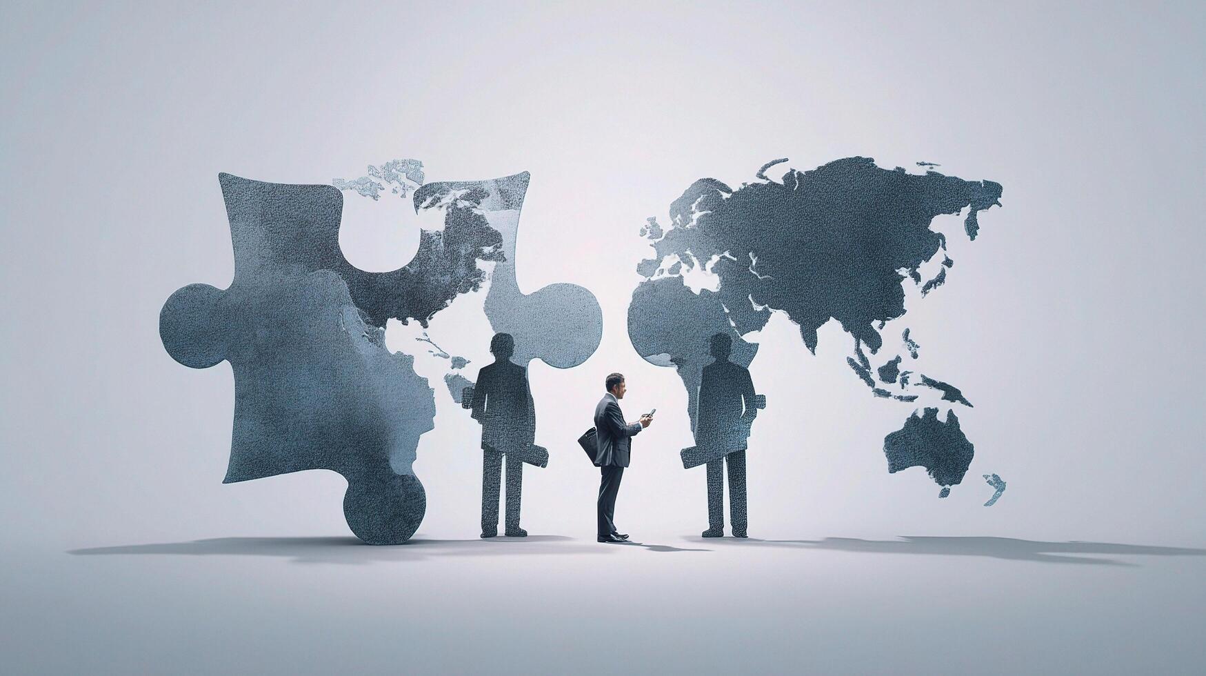 Businessman standing in front of puzzle pieces with world map photo