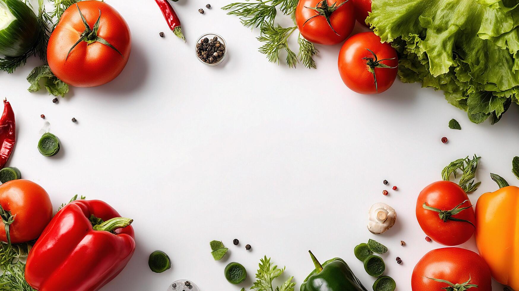 Fresh vegetables and herbs on white background photo