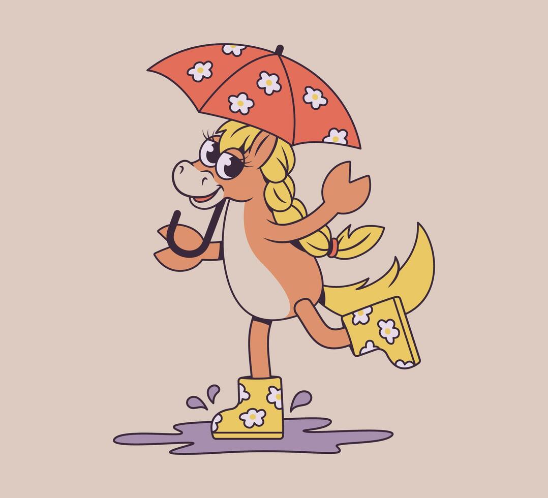 Cute cartoon horse in rain boots with umbrella vector