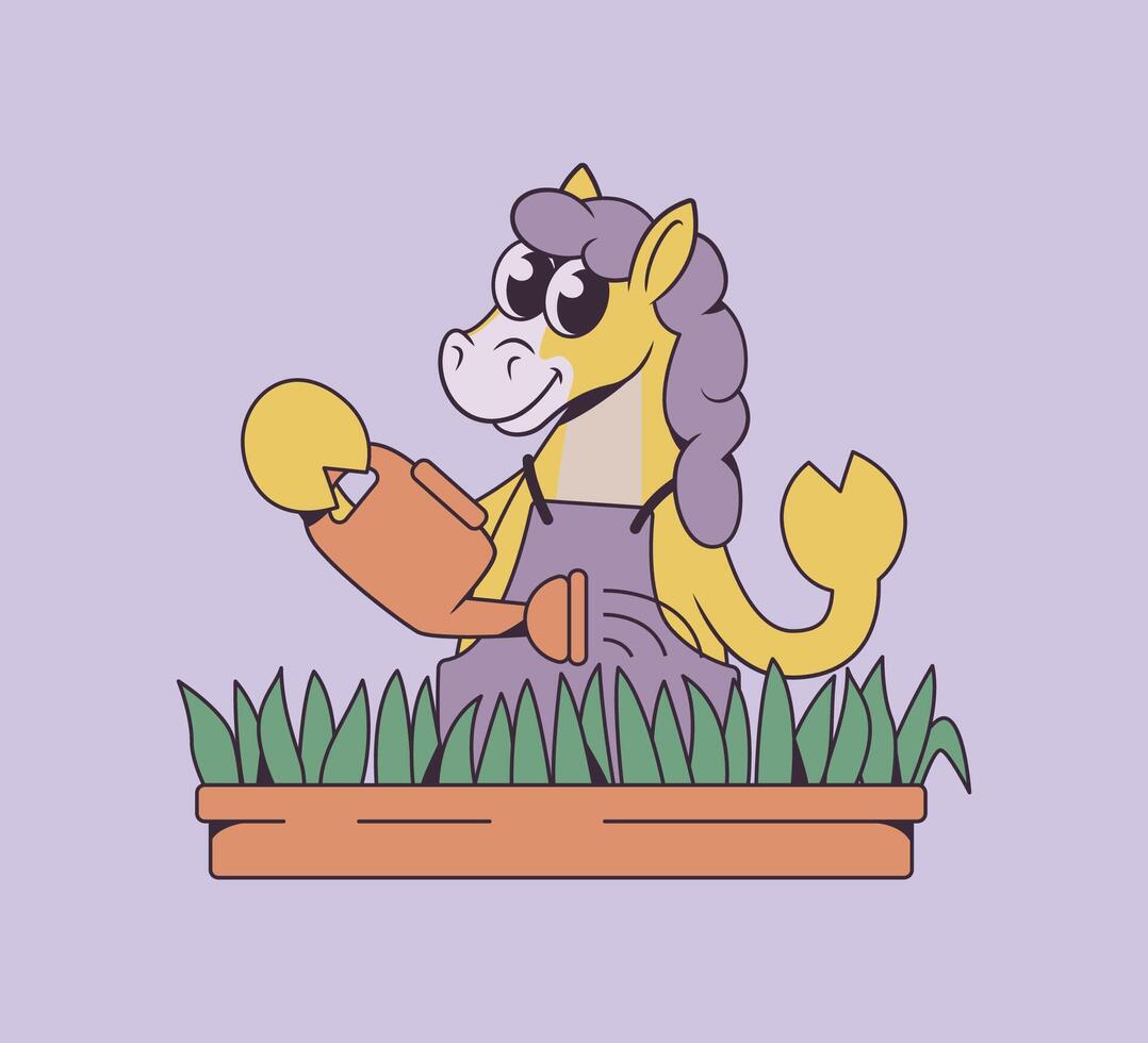 Cartoon horse gardening with watering can vector