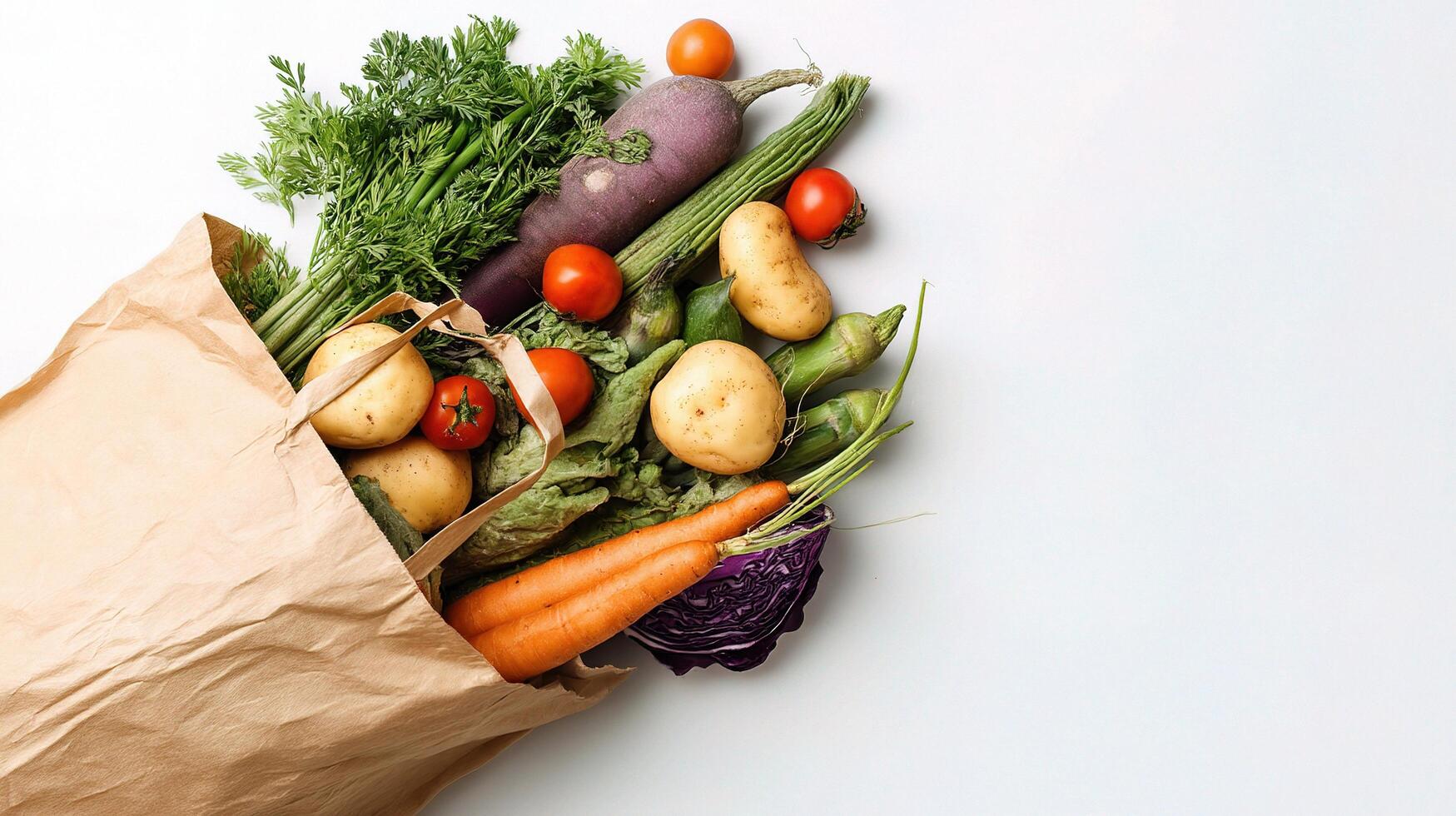 Fresh vegetables in paper bag on white background photo