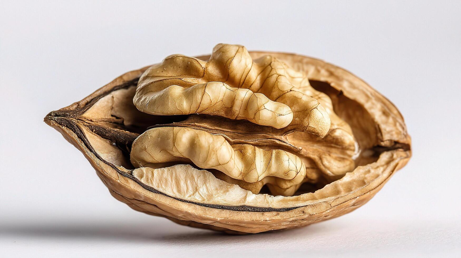 A walnut is shown in the middle of a white background photo