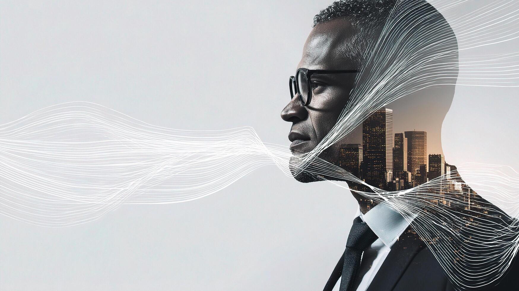 A man in a suit and tie is looking at a city skyline photo