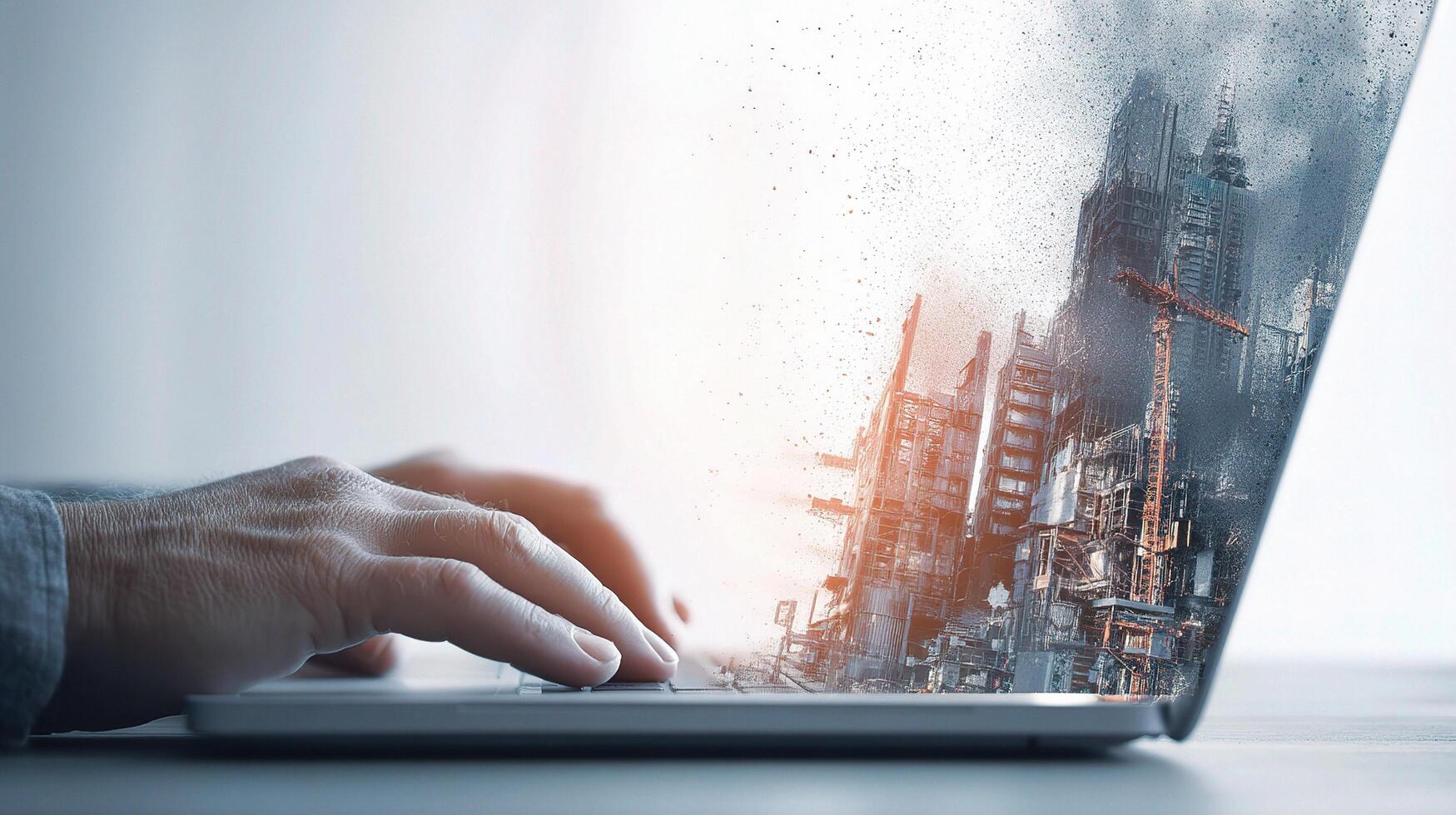 A person typing on a laptop with a city skyline on it photo
