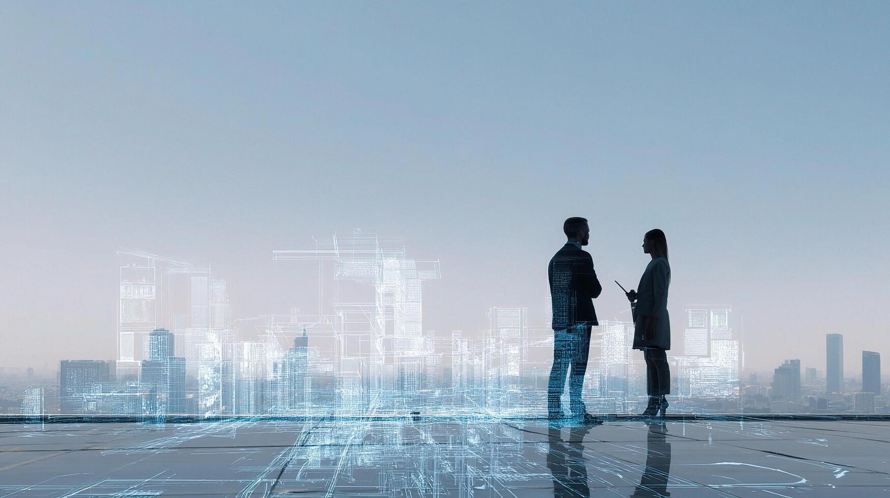 Business people standing on a rooftop with futuristic cityscape photo