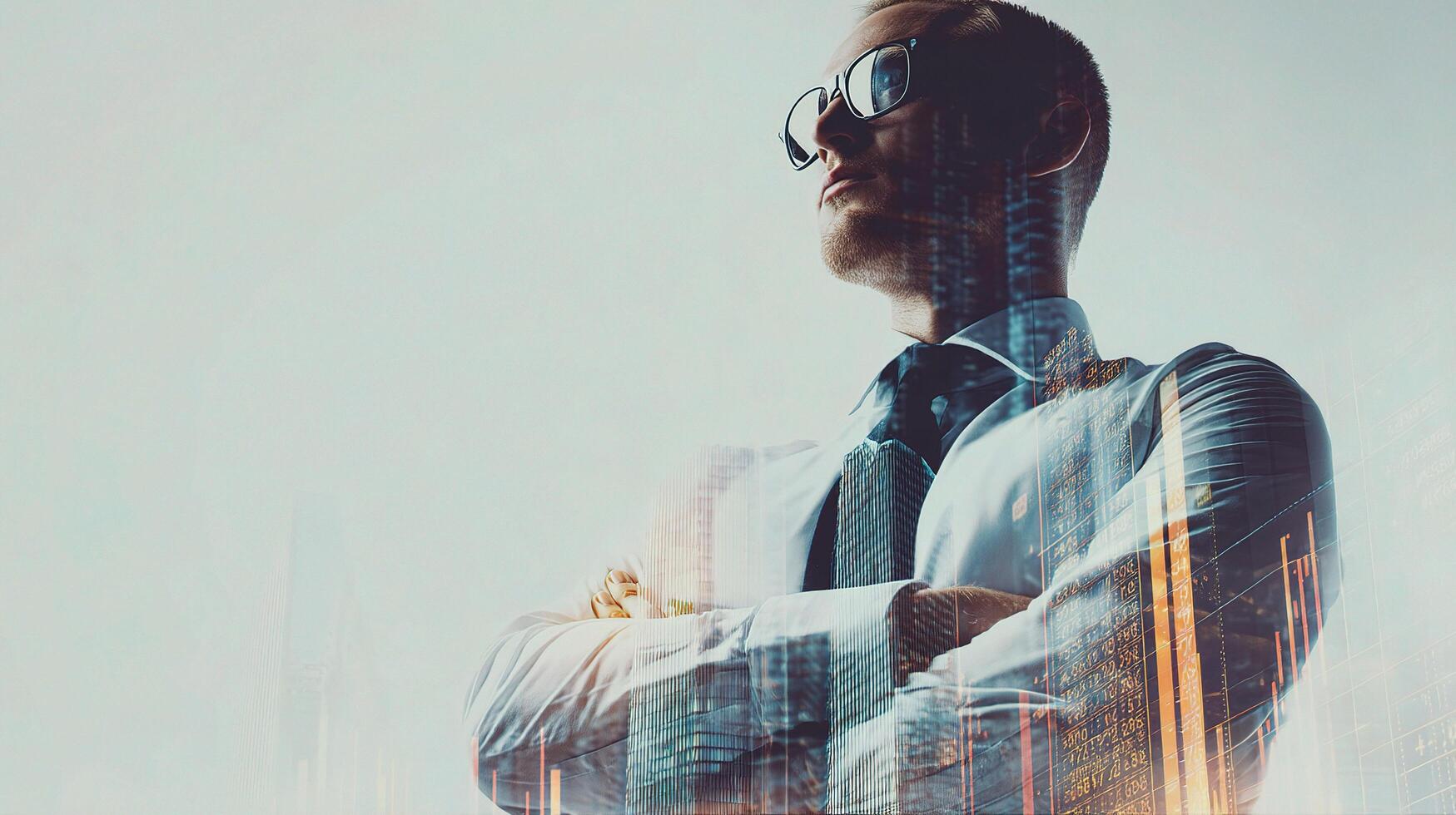 A man in a suit and tie standing in front of a cityscape photo