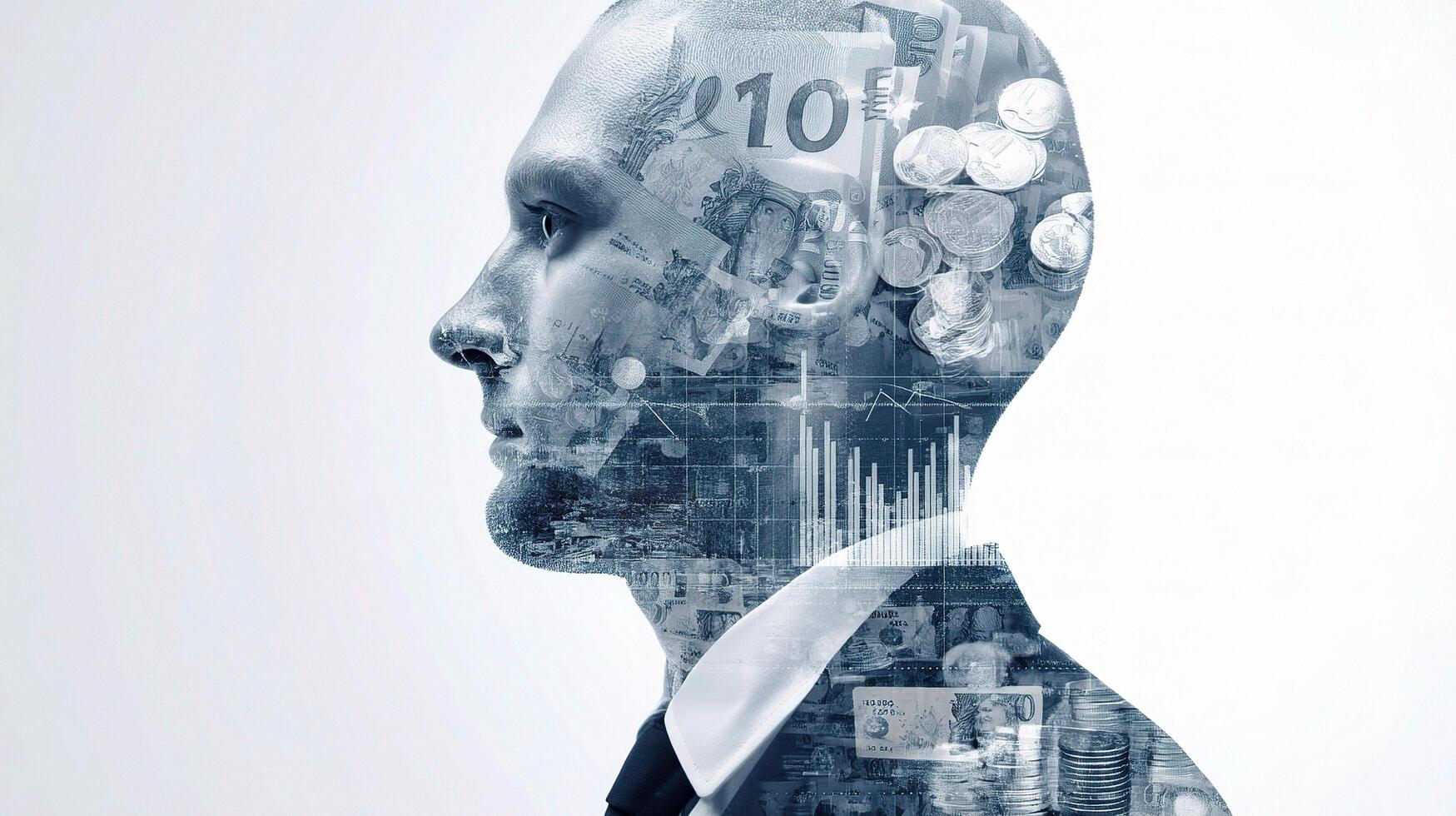 A man with a suit and tie is shown with money and currency photo