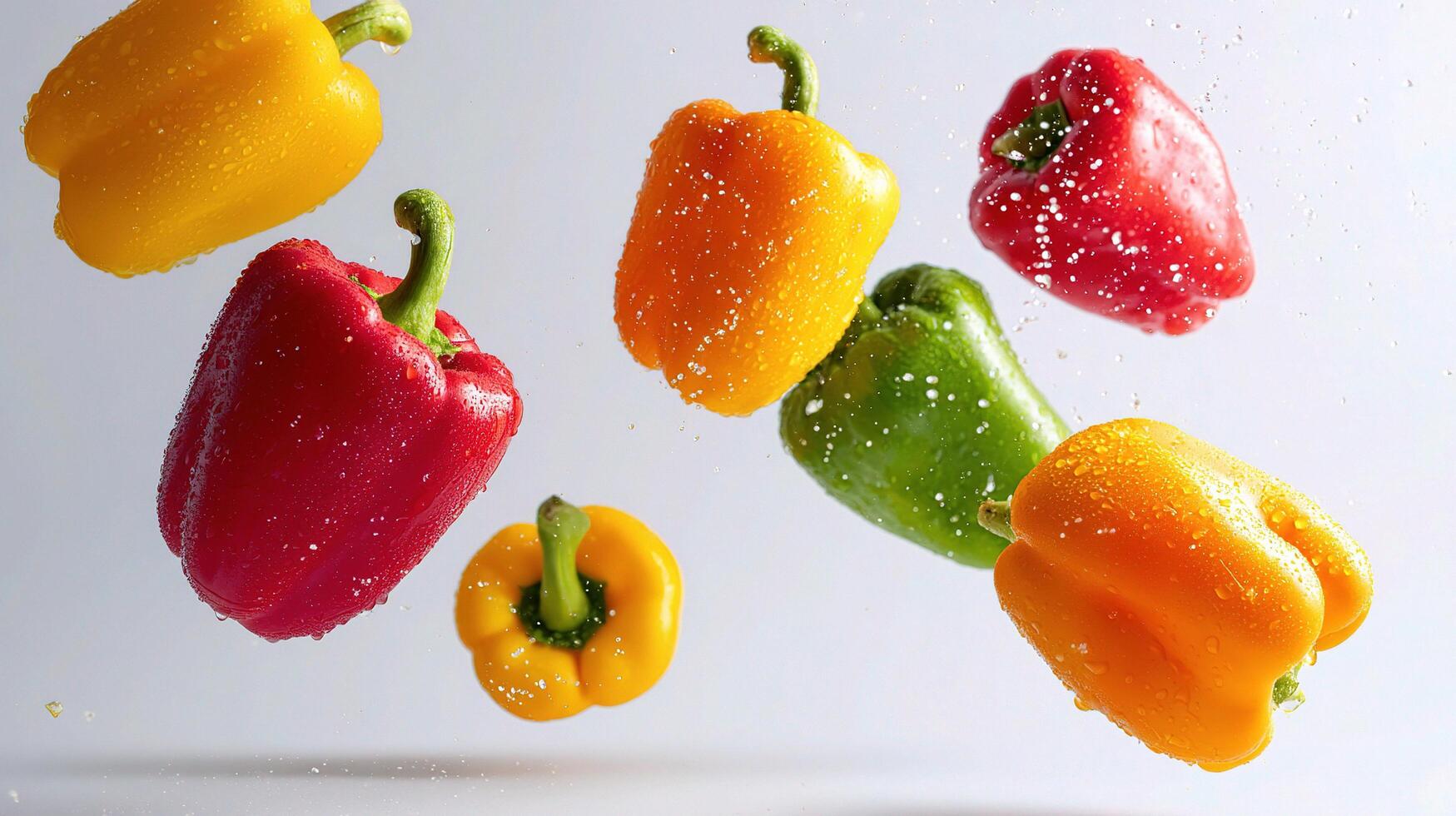 Colorful peppers are being thrown into the air photo