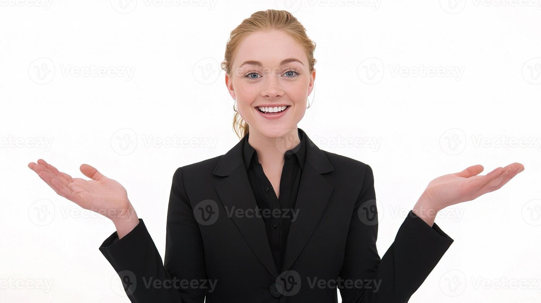 A woman in a business suit is holding her hands up photo