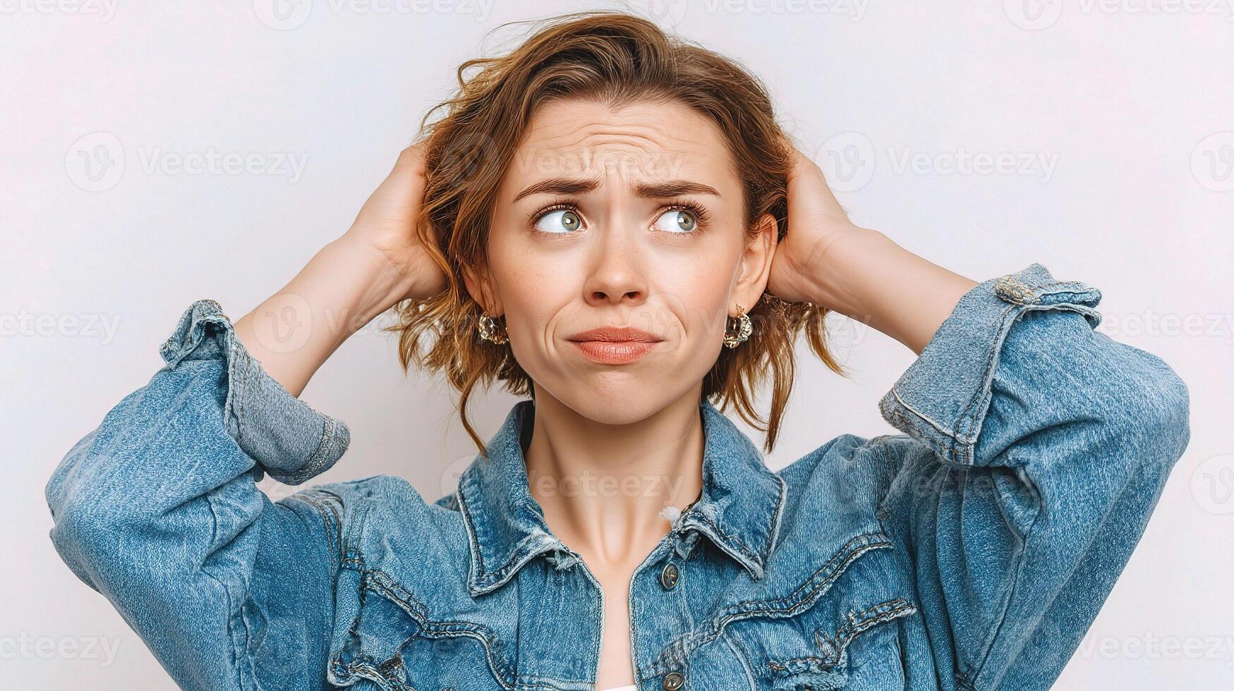 A woman is holding her head and looking at the camera photo