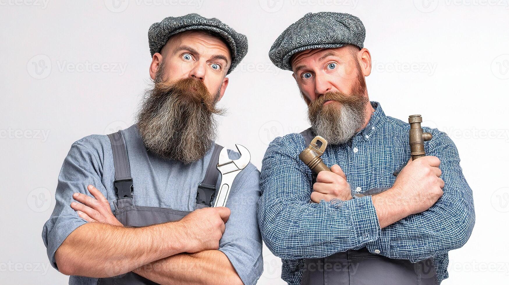 Two men with beards and hats holding wrens photo