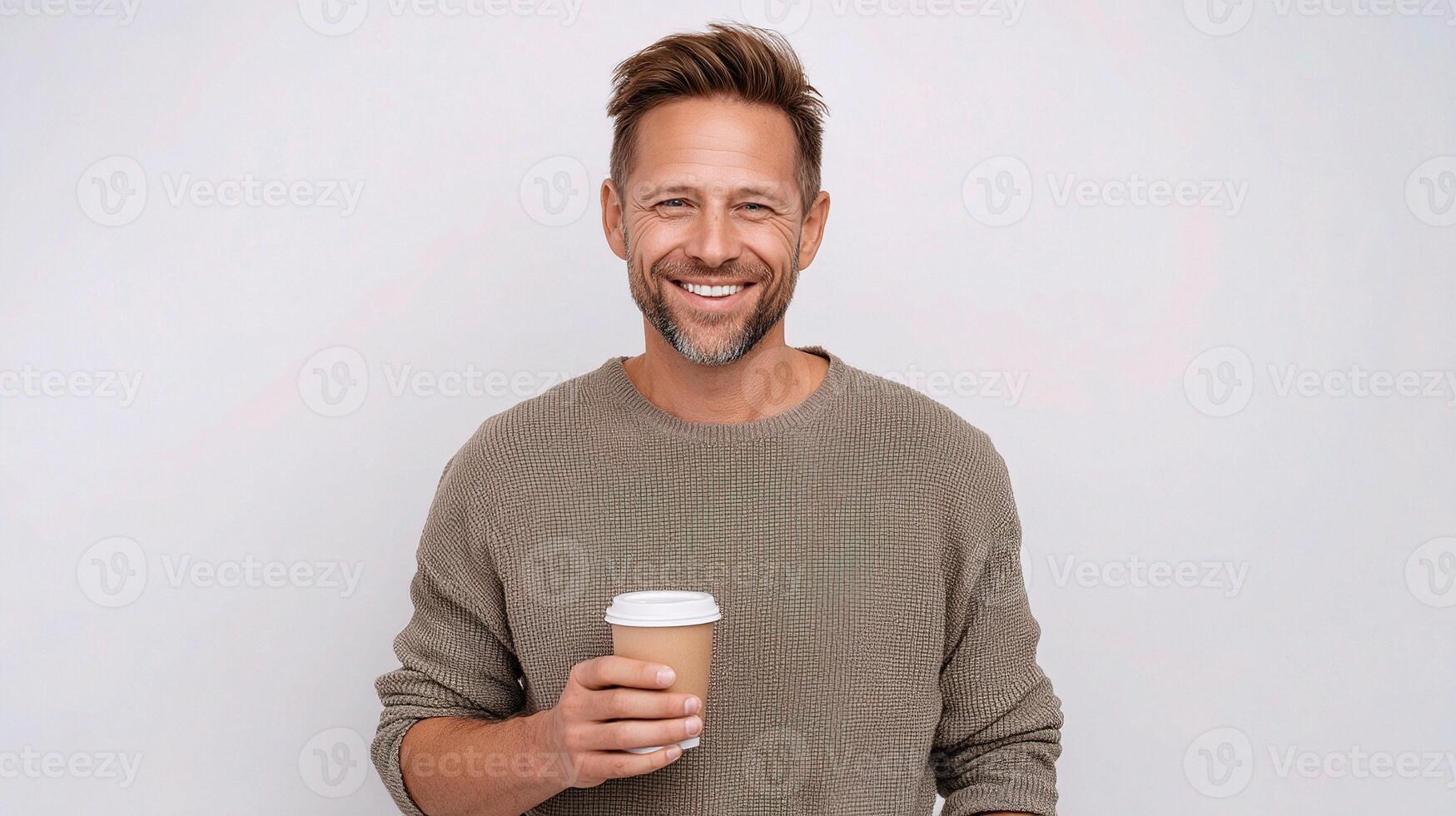 A man is holding a coffee cup and smiling photo