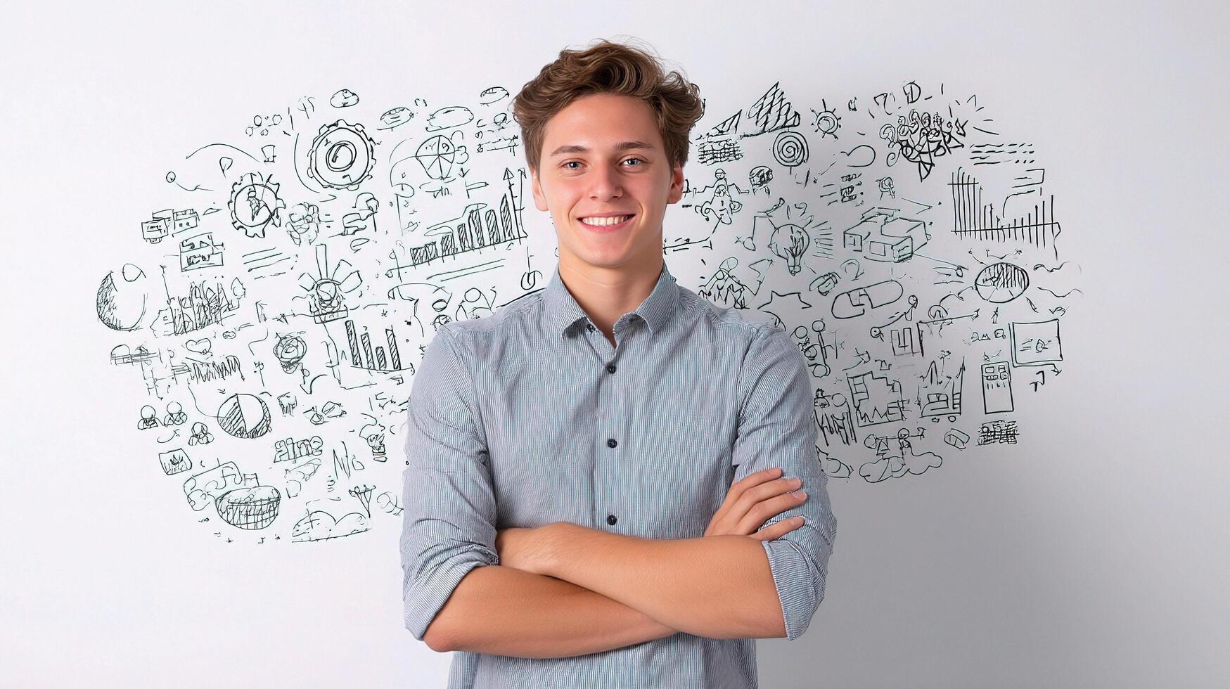 A young man is standing in front of a wall with doodles on it photo