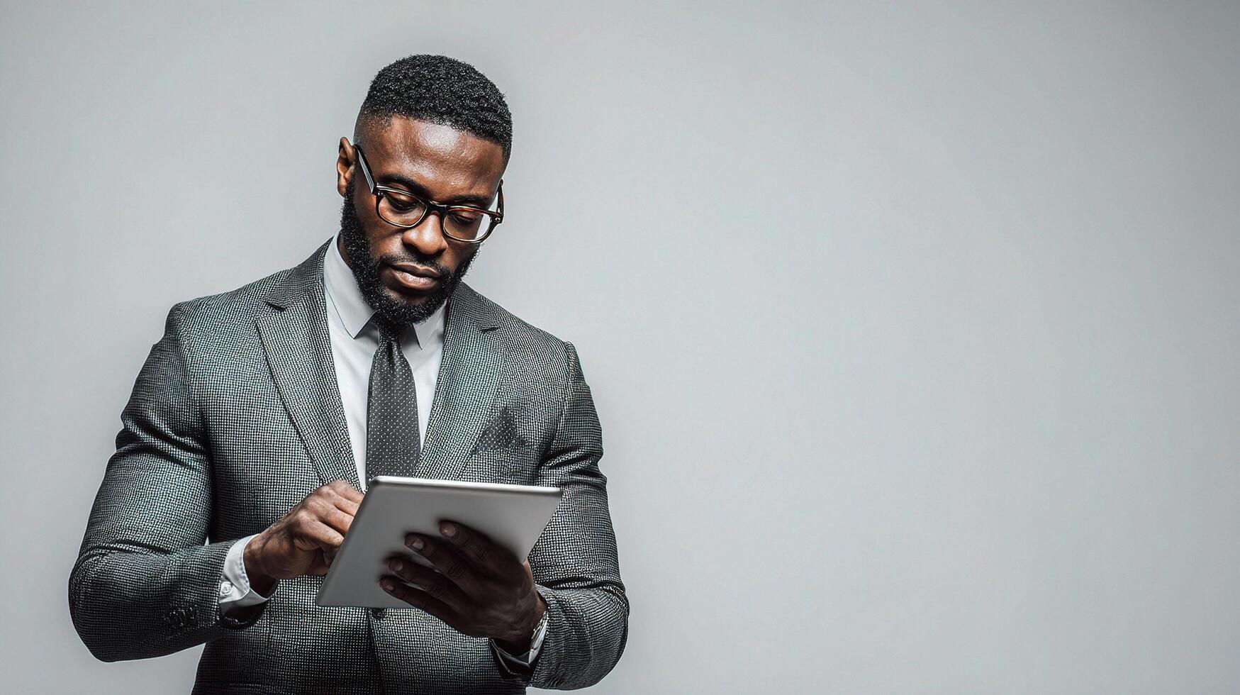 A man in a suit and glasses is using a tablet photo