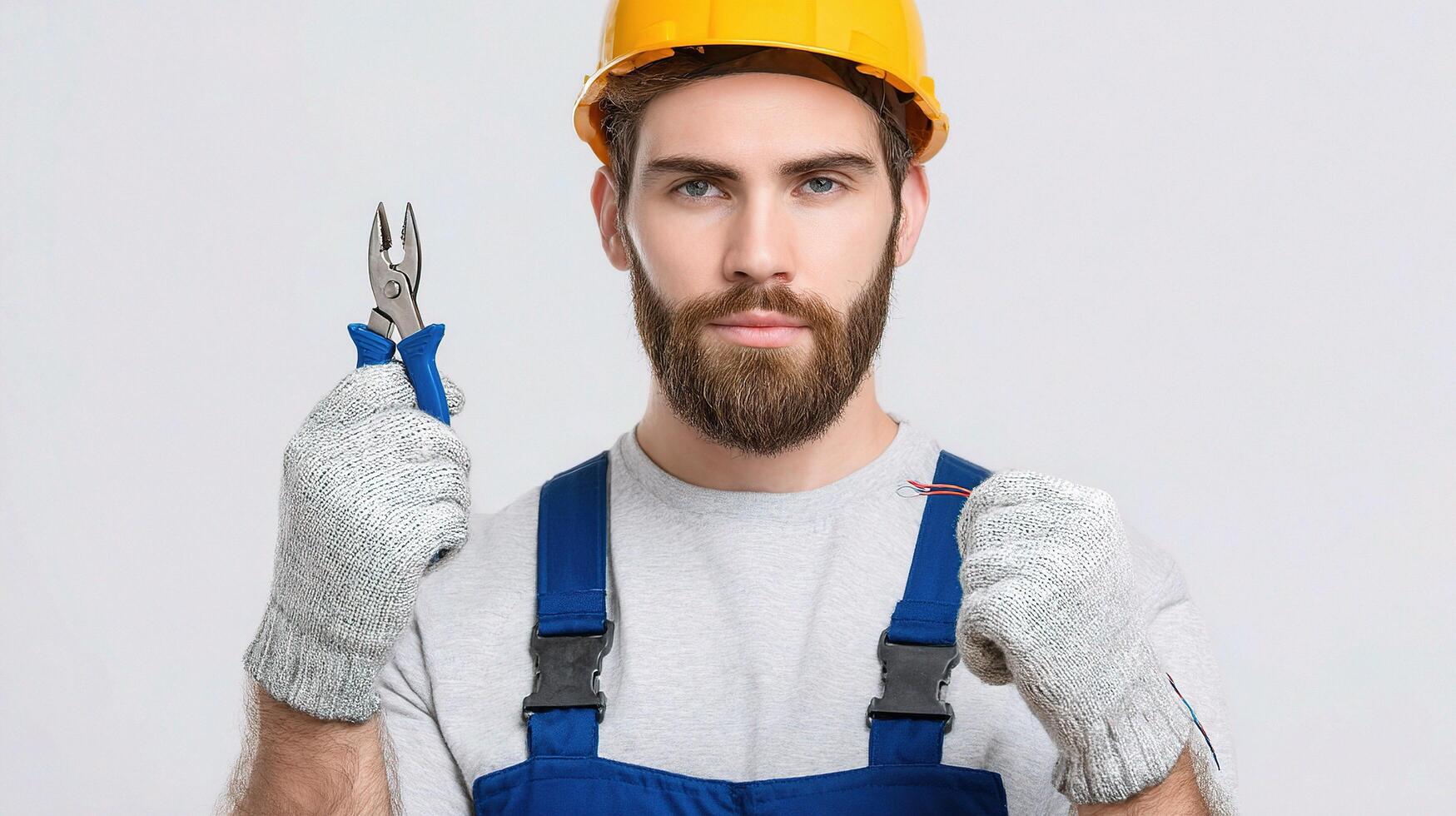 A man with a beard and a hard hat holding a pair of pliers photo