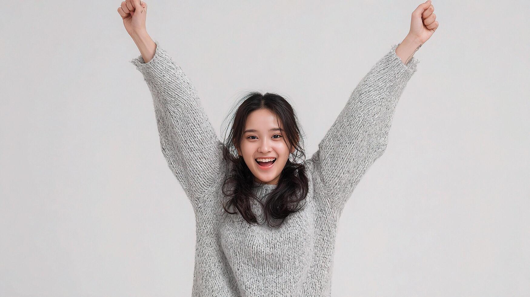 A woman in a sweater is raising her arms photo