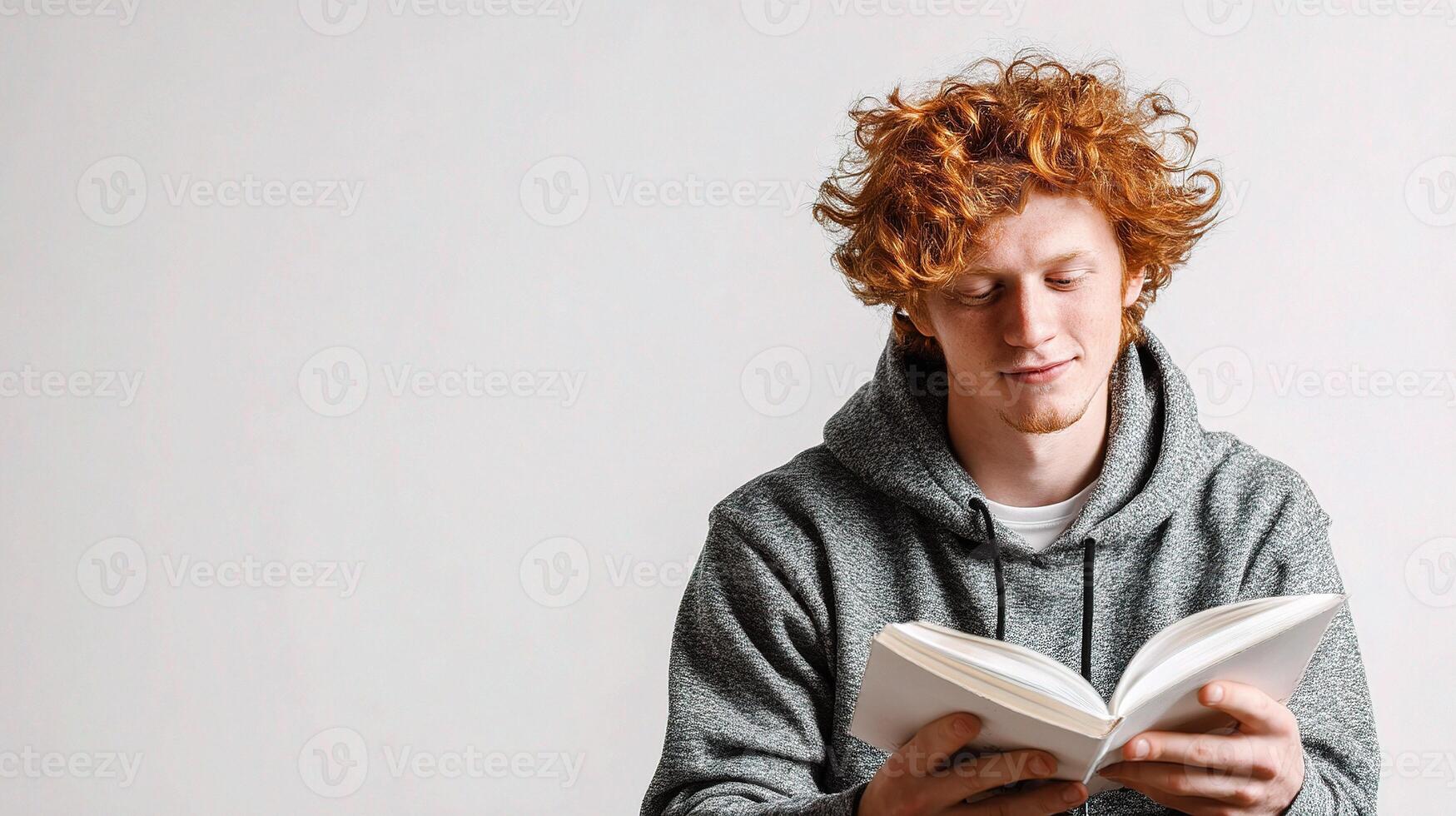 A man with red hair is reading a book photo
