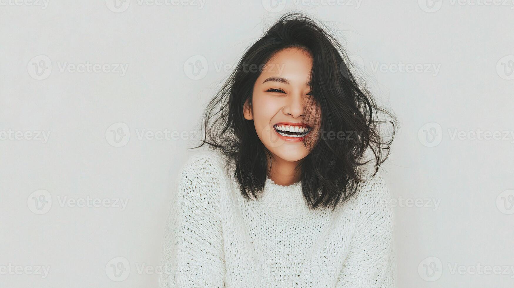 A woman is smiling while wearing a sweater photo
