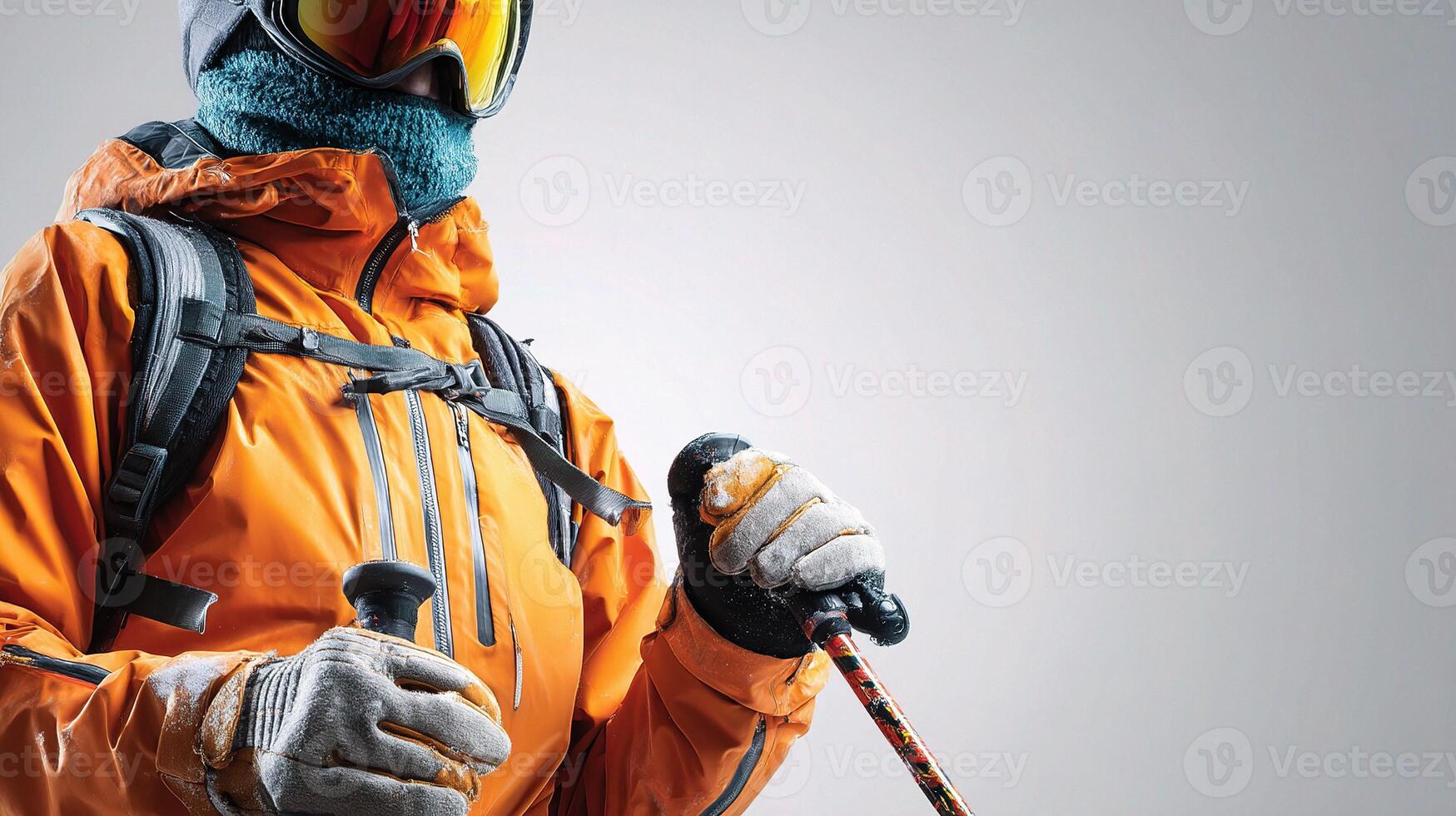 A person in an orange ski suit and ski gear photo