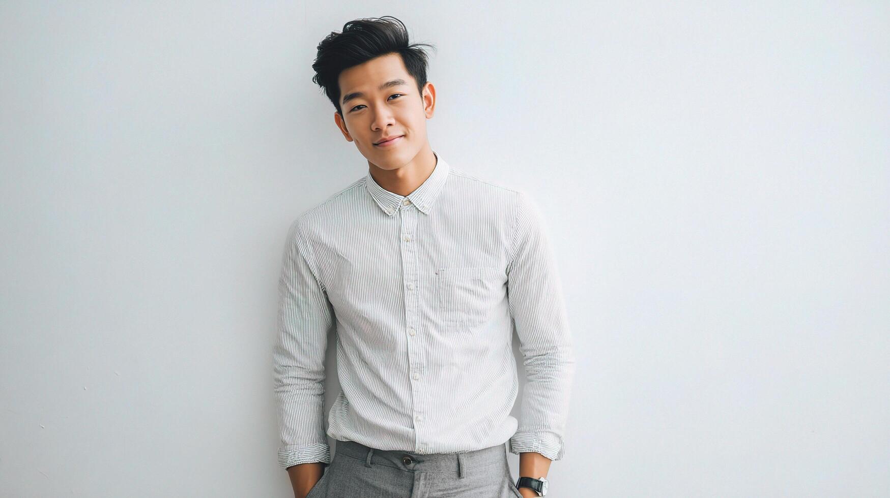 Asian man in shirt and pants standing against white wall photo