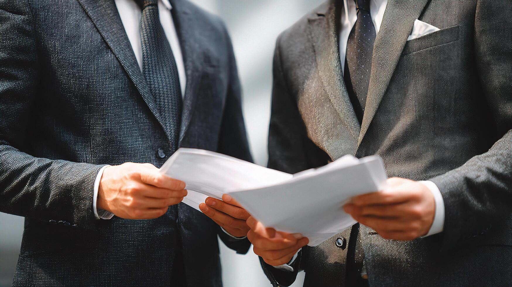 Two business men in suits holding papers photo
