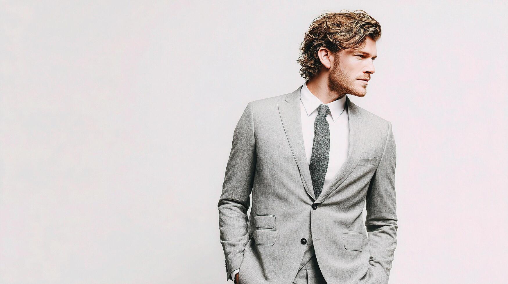 A man in a suit and tie standing against a white wall photo