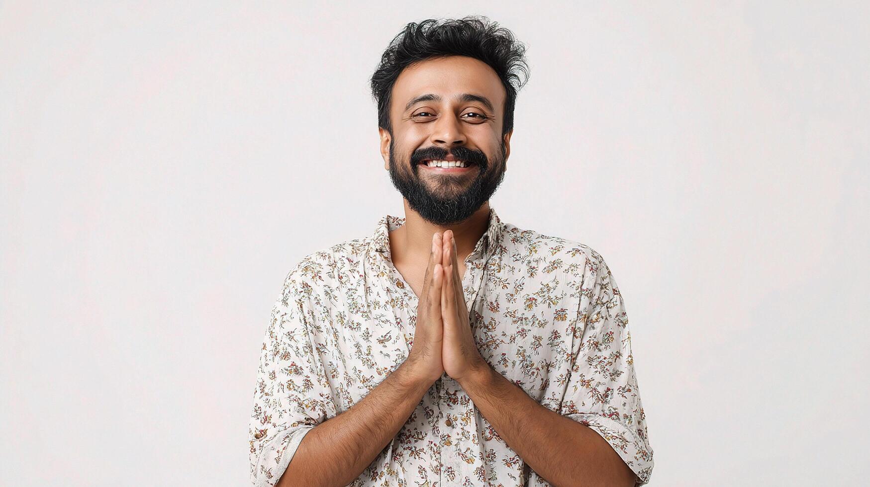 A man with a beard and a floral shirt is smiling photo