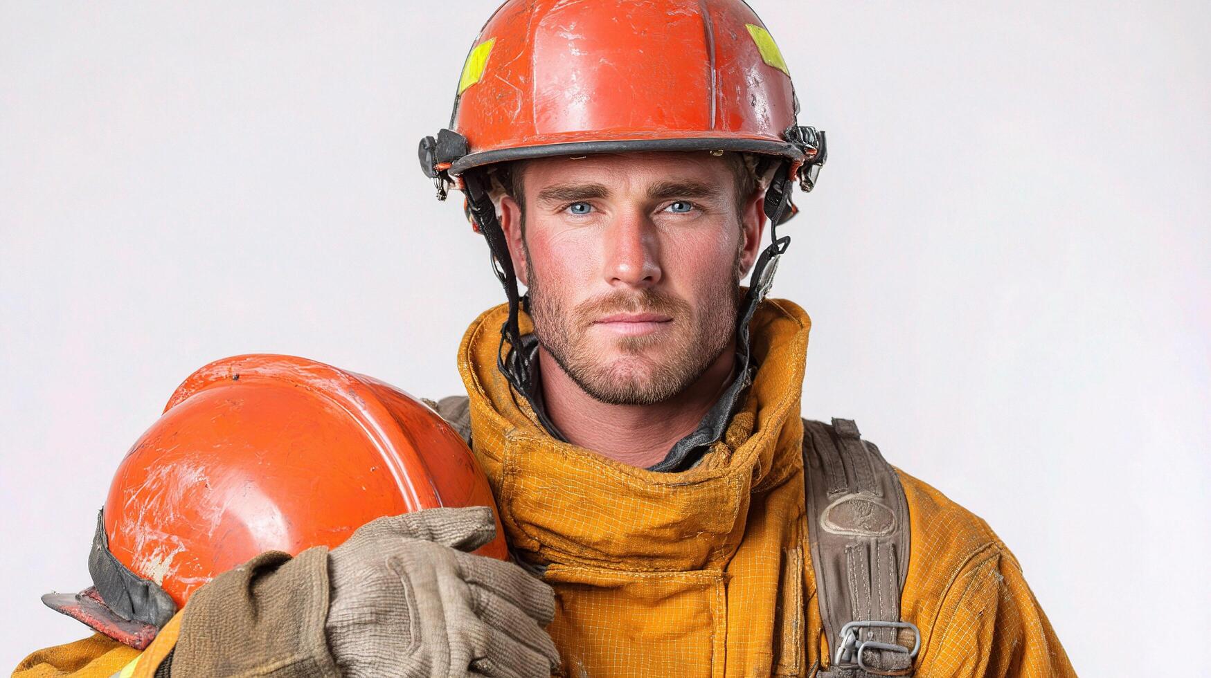 A man in a fireman's uniform holding a helmet photo